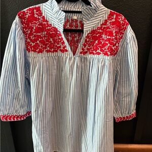 Ticking Striped Blouse with Red Embroidery